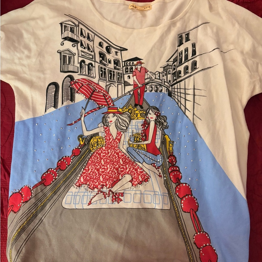 Mesh & Lace Sweater Graphic Tee with Italy City Scene